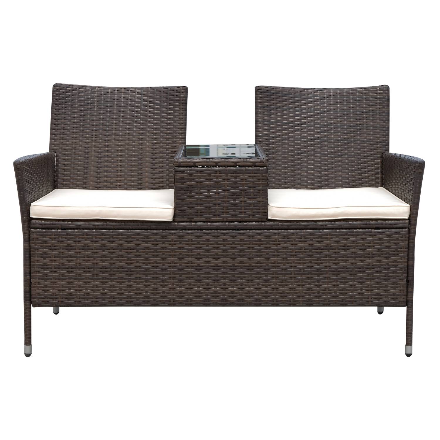 Outsunny - Banc de jardin design contemporain double chaise avec coussins assise + tablette intégrée résine tressée chocolat polyester crème - Outsunny - Imagen 4