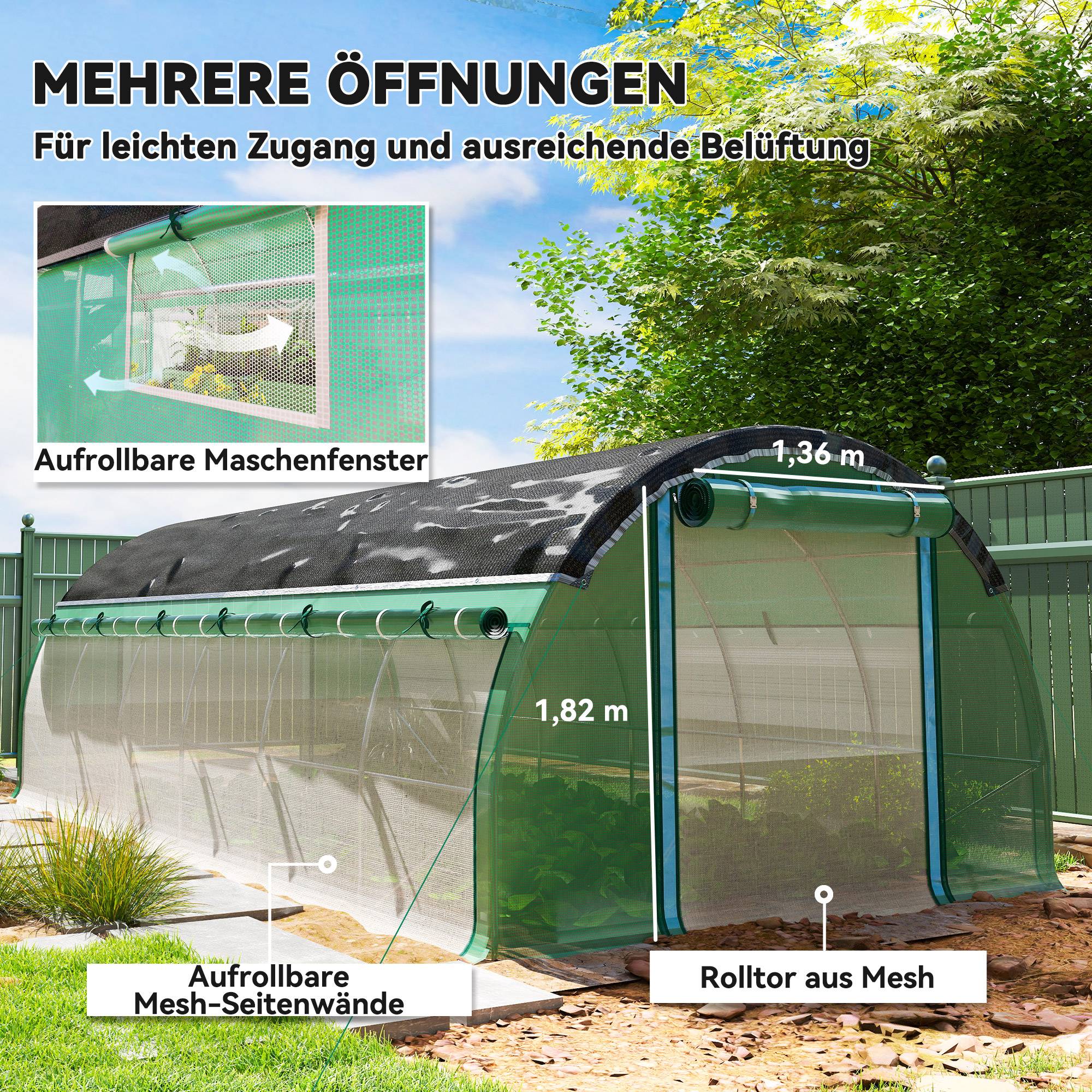 Polytunnel 6 x 3 x 2 m, filet d'ombrage, parois enroulables, bâche plastique, cadre acier, Vert - Image 7