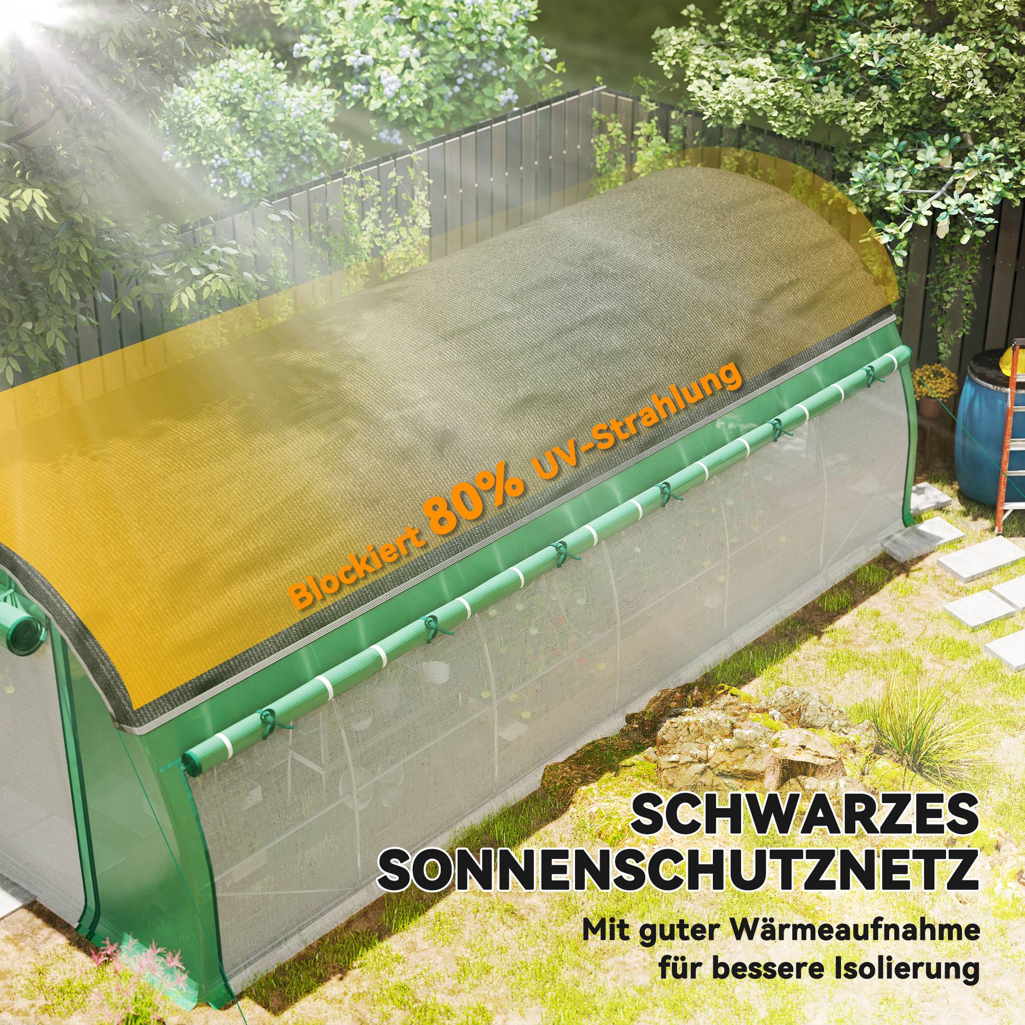 Polytunnel 6 x 3 x 2 m, filet d'ombrage, parois enroulables, bâche plastique, cadre acier, Vert - Image 6