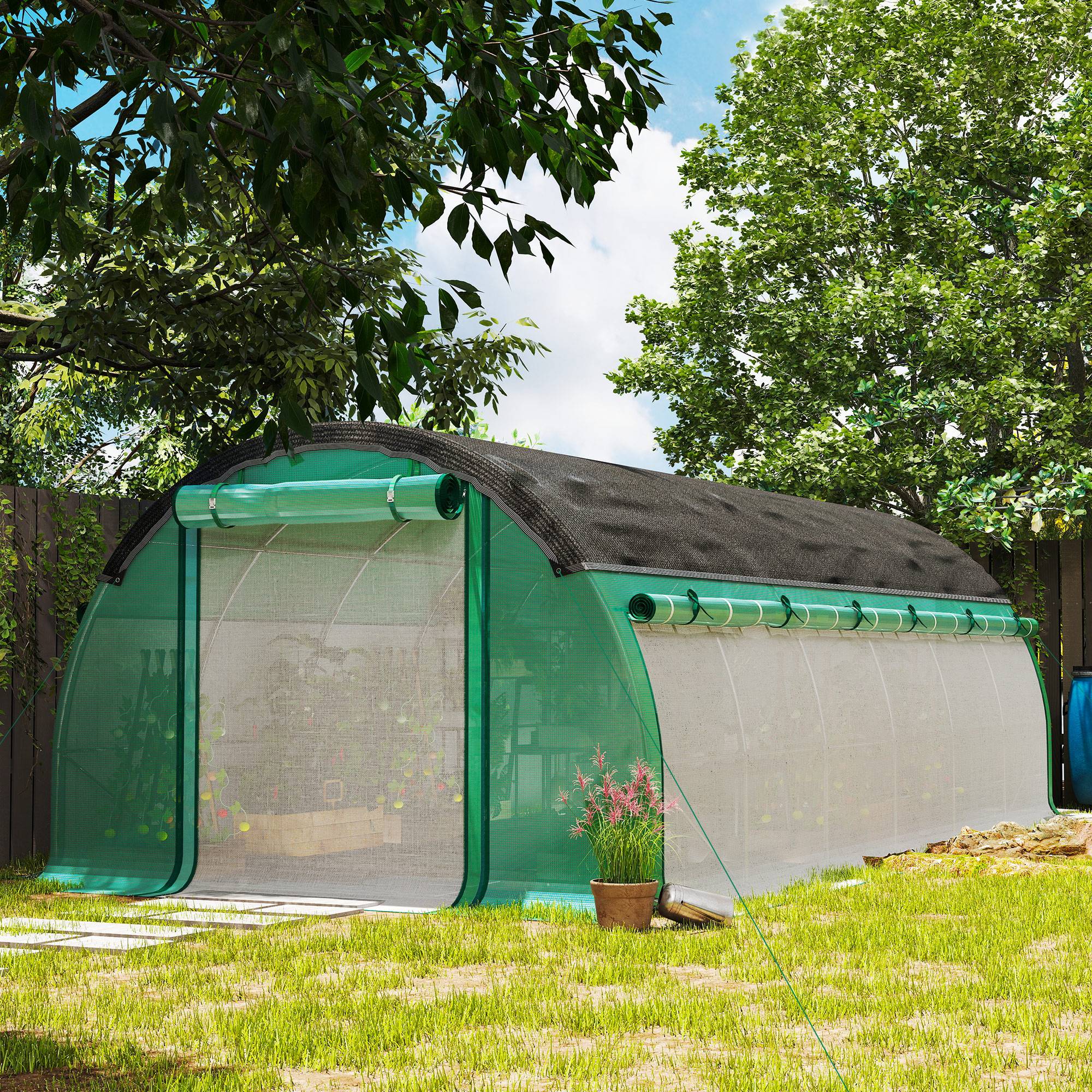 Polytunnel 6 x 3 x 2 m, filet d'ombrage, parois enroulables, bâche plastique, cadre acier, Vert - Image 3