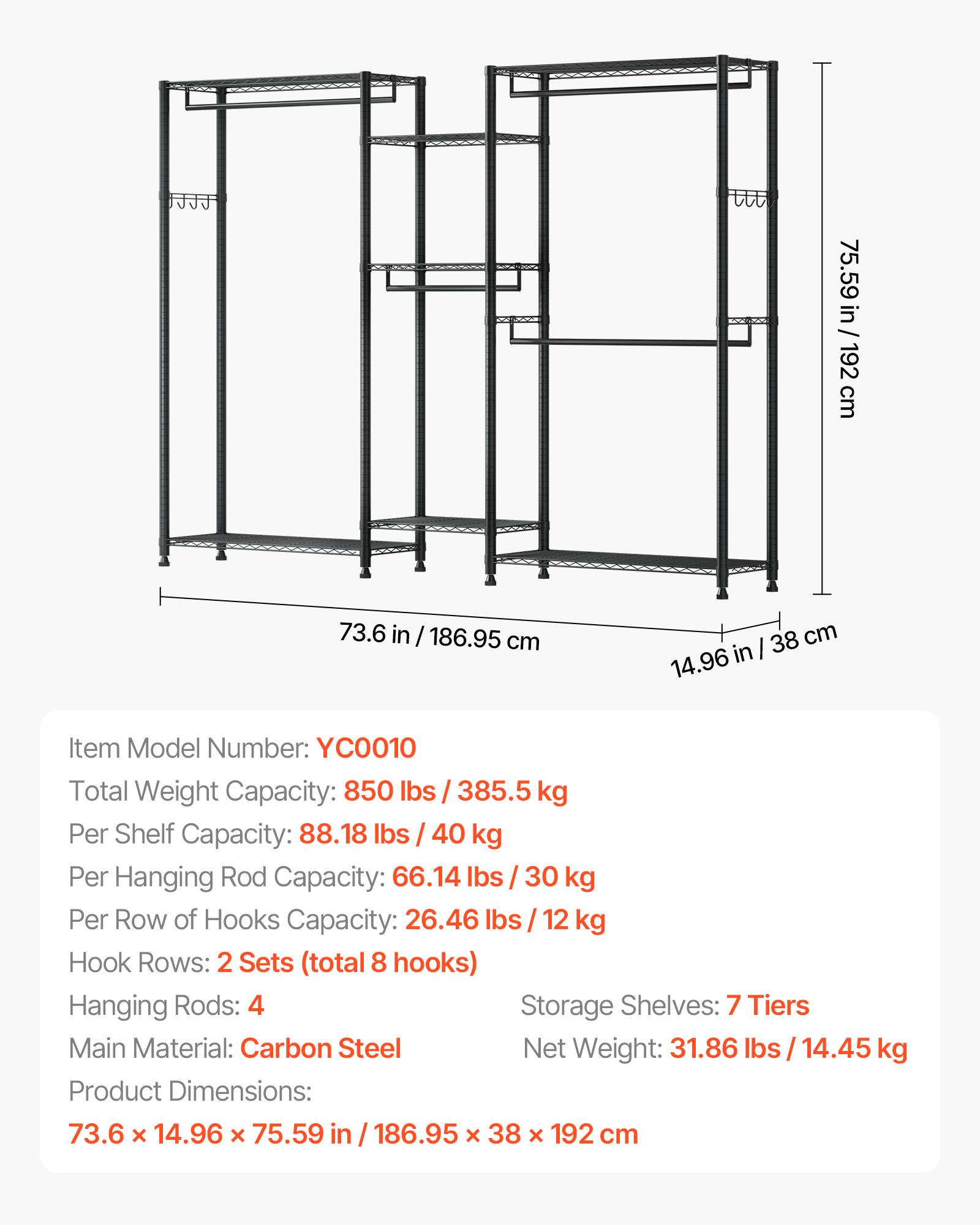 VEVOR Portant à Vêtements Penderie Réglable avec 4 Tringles pour Chambre Magasin - Image 3