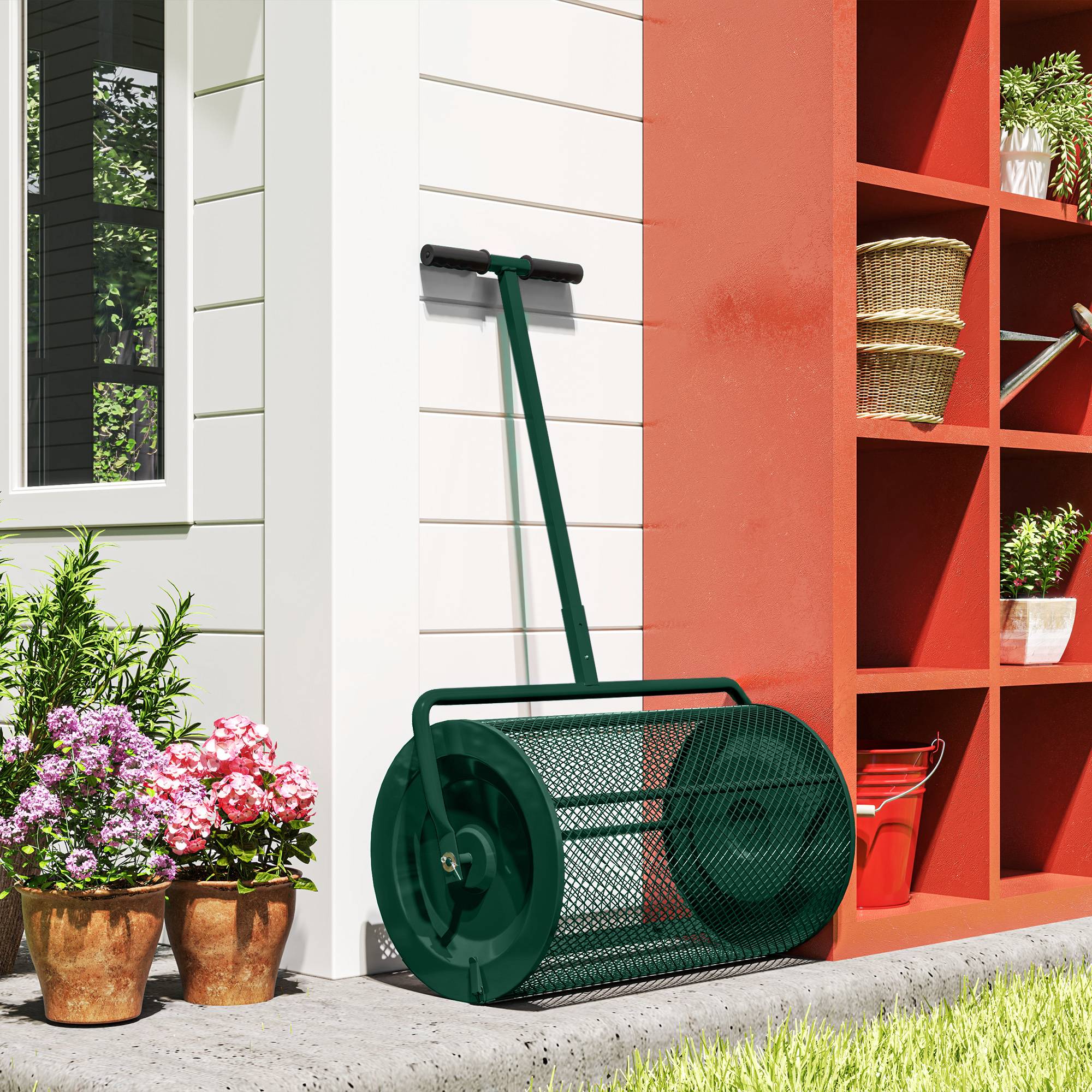 ComfortXL - Épandeur compost métal vert 75 L tambour 61 x 40 cm jardin pelouse poignée réglable distribution uniforme - Image 8