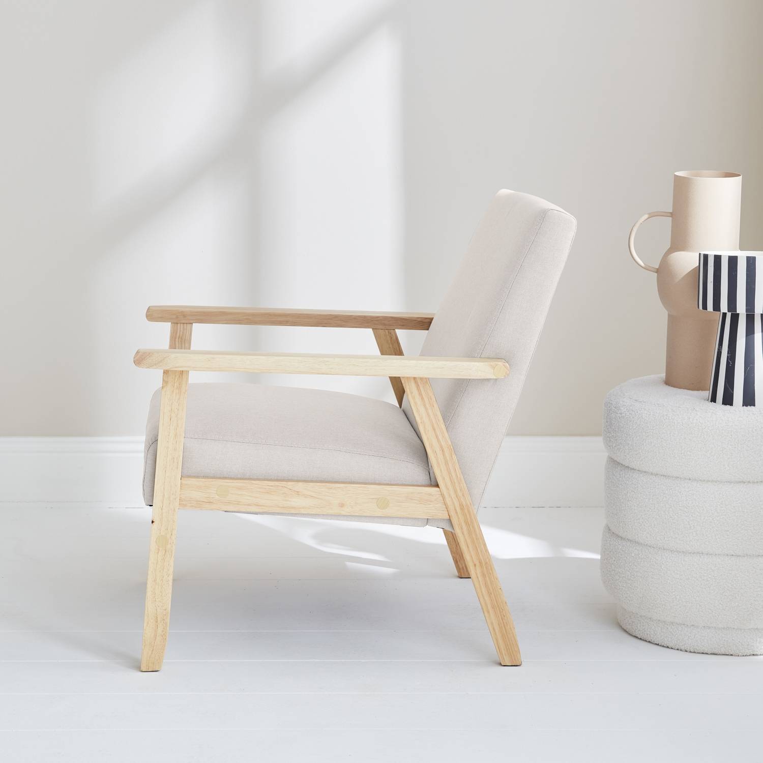 sweeek - Fauteuil scandinave en bois et tissu crème. Isak. L 64 x P 69.5 x H 73cm | sweeek - Image 1