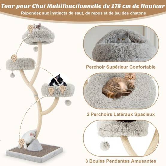 Arbre à chat 178 cm avec cadre en métal incurvé tour à chat avec 3 balles suspendues 3 perchoirs griffoir en sisal gris - Image 2