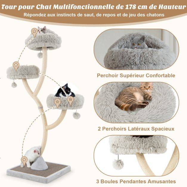 Arbre à chat 178 cm avec cadre en métal incurvé tour à chat avec 3 balles suspendues 3 perchoirs griffoir en sisal gris - Image 2