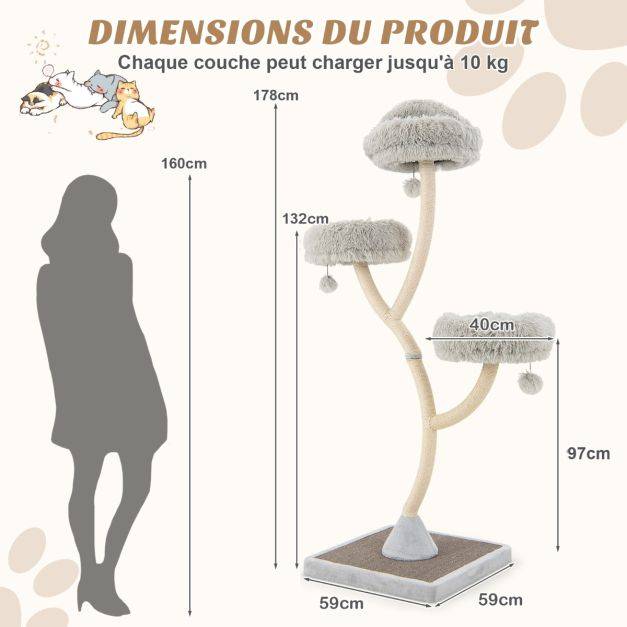 Arbre à chat 178 cm avec cadre en métal incurvé tour à chat avec 3 balles suspendues 3 perchoirs griffoir en sisal gris - Image 3