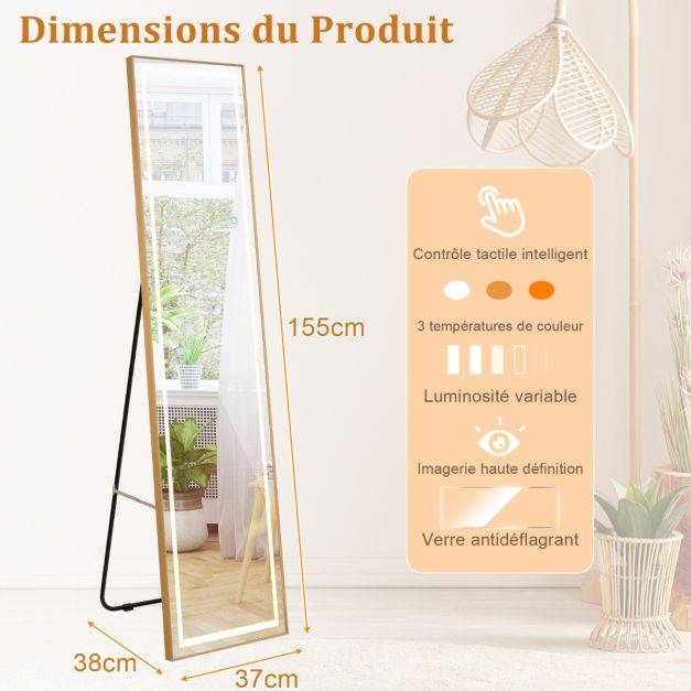 Helloshop26 - Miroir pleine longueur avec lumières led miroir éclairé par led cadre en aluminium intensité variable éclairage 3 couleurs or - Imagen 8