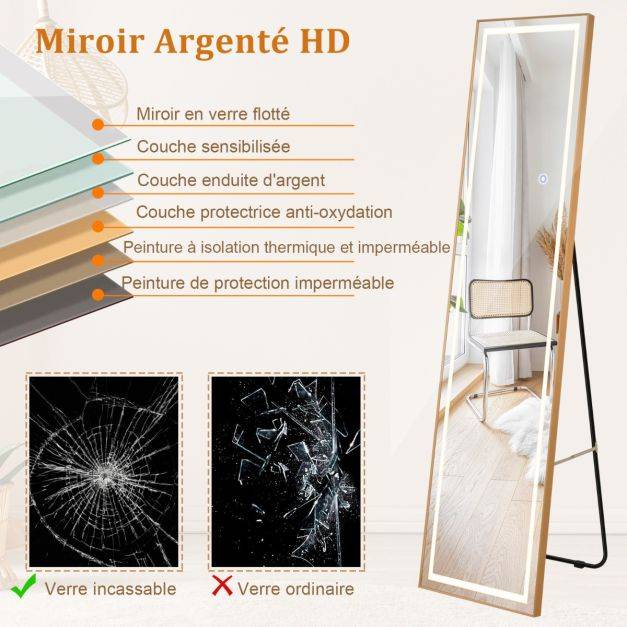 Helloshop26 - Miroir pleine longueur avec lumières led miroir éclairé par led cadre en aluminium intensité variable éclairage 3 couleurs or - Imagen 4