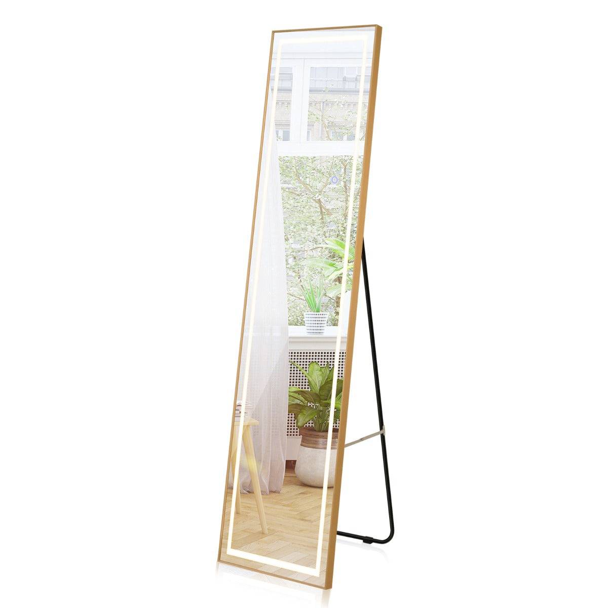 Helloshop26 - Miroir pleine longueur avec lumières led miroir éclairé par led cadre en aluminium intensité variable éclairage 3 couleurs or - Imagen 2