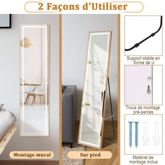 Helloshop26 - Miroir pleine longueur avec lumières led miroir éclairé par led cadre en aluminium intensité variable éclairage 3 couleurs or - Imagen 5