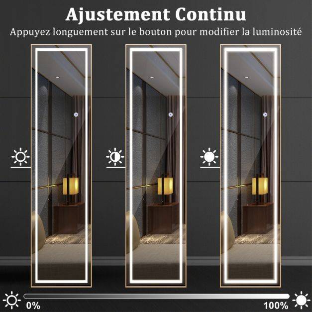 Helloshop26 - Miroir pleine longueur avec lumières led miroir éclairé par led cadre en aluminium intensité variable éclairage 3 couleurs or - Imagen 7