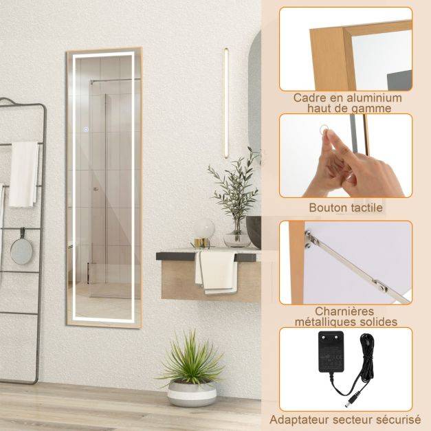 Helloshop26 - Miroir pleine longueur avec lumières led miroir éclairé par led cadre en aluminium intensité variable éclairage 3 couleurs or - Imagen 3