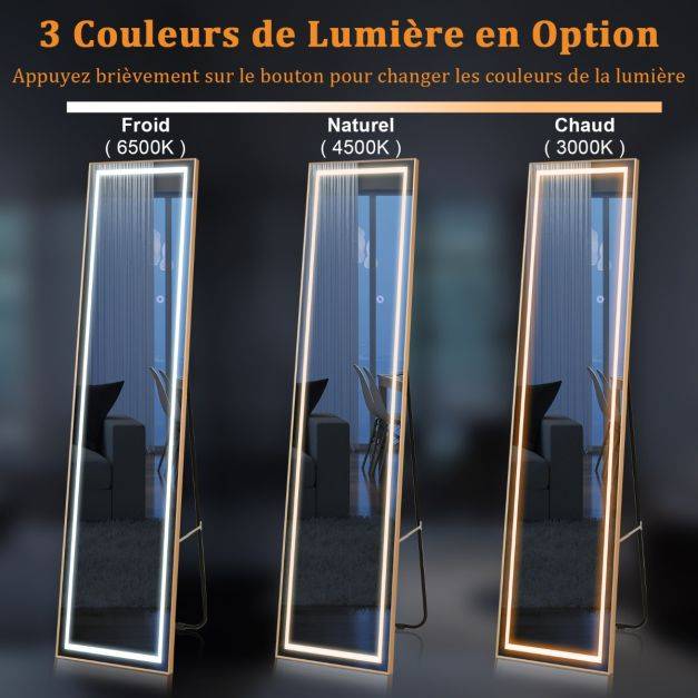 Helloshop26 - Miroir pleine longueur avec lumières led miroir éclairé par led cadre en aluminium intensité variable éclairage 3 couleurs or - Imagen 6