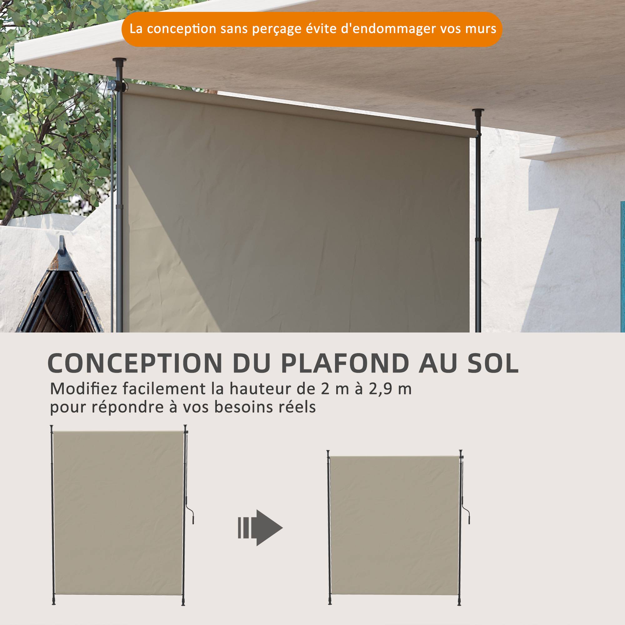 Outsunny - Store vertical brise-vue manivelle sans perçage protection UV 200x305 cm cadre aluminium sable - Outsunny - Image 5