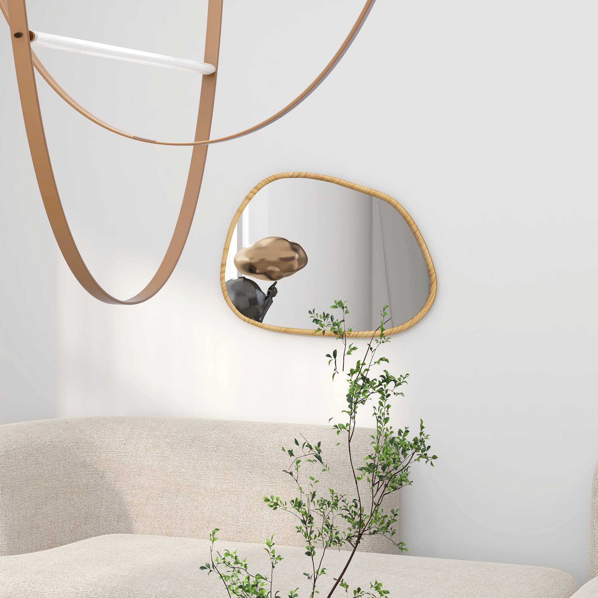 Sans Marque - Miroir mural décoratif forme organique cadre bois horizontal vertical 70x50 cm naturel - Image 4