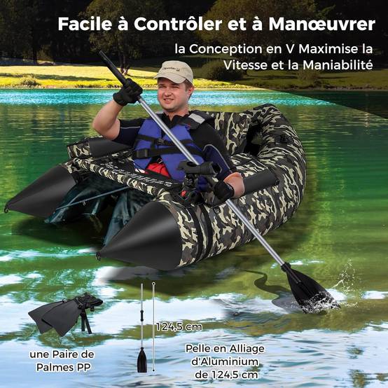 Bateau de Pêche Gonflable avec Dossier Pagaie, Bateau Gonflable avec Règle à Poisson Support de Canne Poches de Rangement Palmes Pompe - Image 7