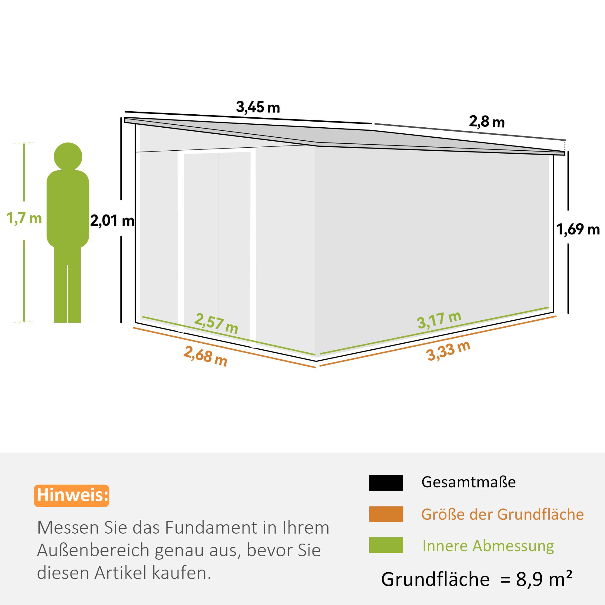 Abri de jardin métallique avec toit en pente et double porte verrouillable, 2,8 x 3,45 x 2,01 m, gris - Image 5