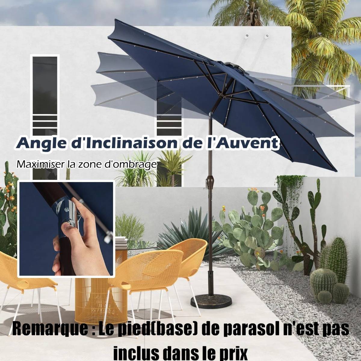 Parasol Inclinable Dia.300cm LED Dolaire en Scier Toile Polyester pour Jardin Terrasse Bleu Foncé - Image 6