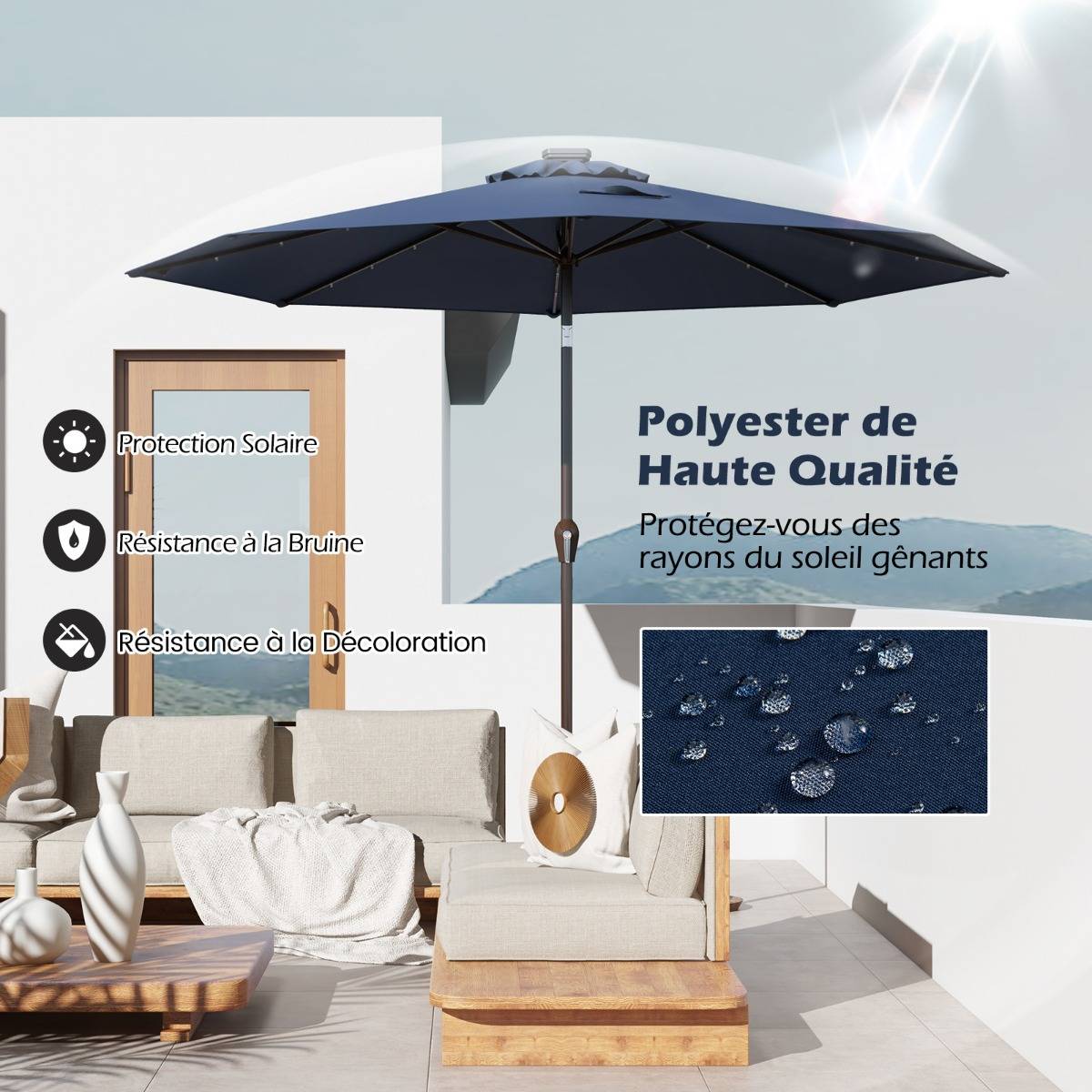 Parasol Inclinable Dia.300cm LED Dolaire en Scier Toile Polyester pour Jardin Terrasse Bleu Foncé - Image 5
