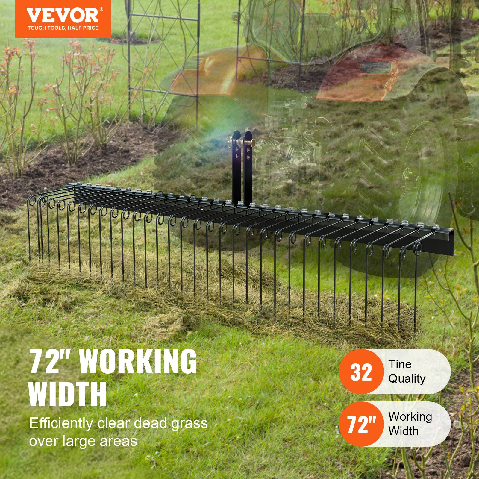 Vevor - VEVOR Rateau paysager remorque, 1830 mm, 32 dents acier. Pour tracteur, feuilles, herbe. - Image 2
