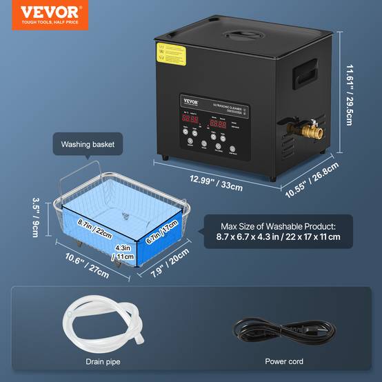 VEVOR Nettoyeur ultrasons numérique 10L, 240W, mode doux/dégazage, chauffage/minuterie, pour prothèses, bijoux, outils. - Image 7
