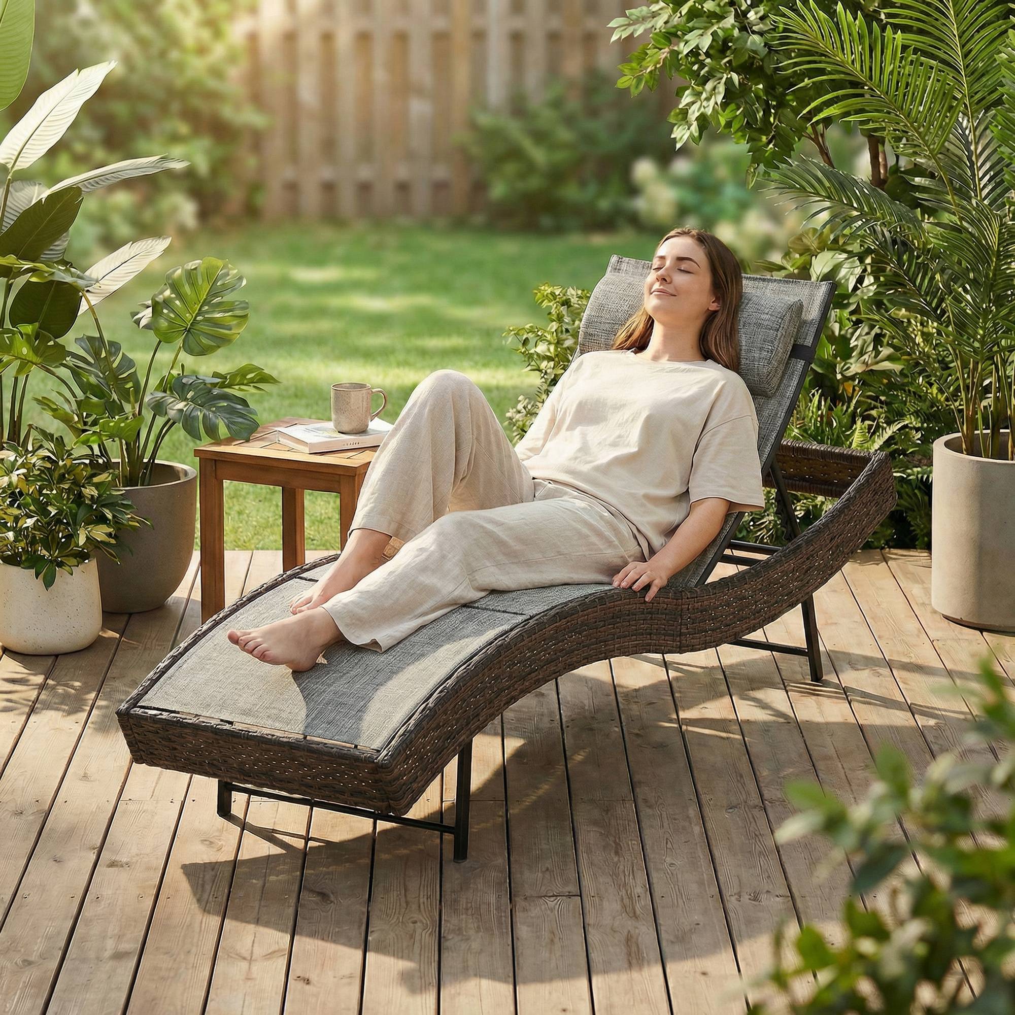 Transat Bain de Soleil Résine Tressée Jardin Dossier Inclinable 5 Positions 198cm Marron - ComfortXL Outdoor Living - Image 4