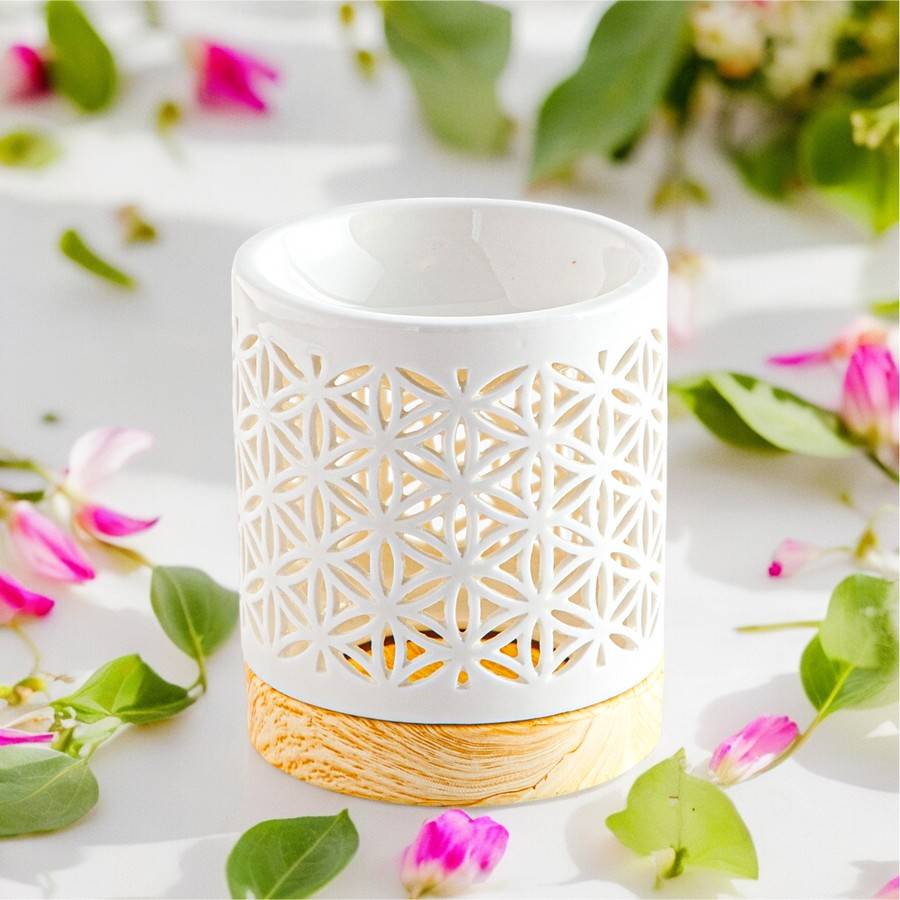 Brûle-Parfum Céramy Fleur de Vie 50 ml - Objet Artisanal Porte-Bonheur - Déco Cadeau Symbolique - H 10,5 cm - Zen'Arôme