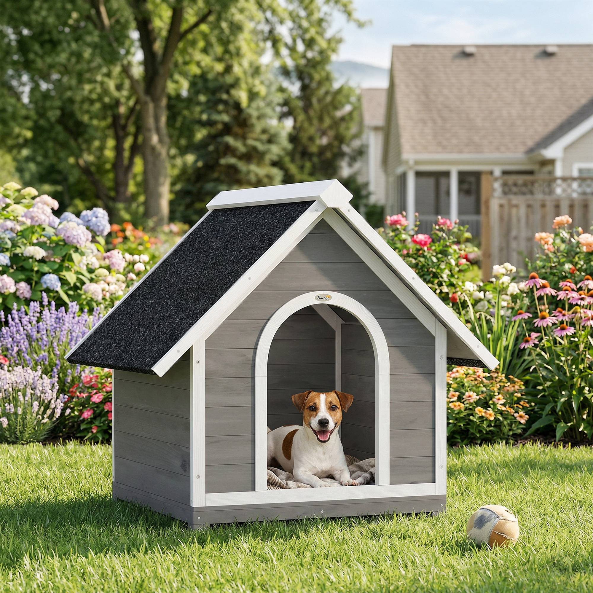 Niche chien extérieur bois abri jardin corps ouvrant toit asphalte 101x84x85cm gris - ComfortXL Outdoor Living - Image 4