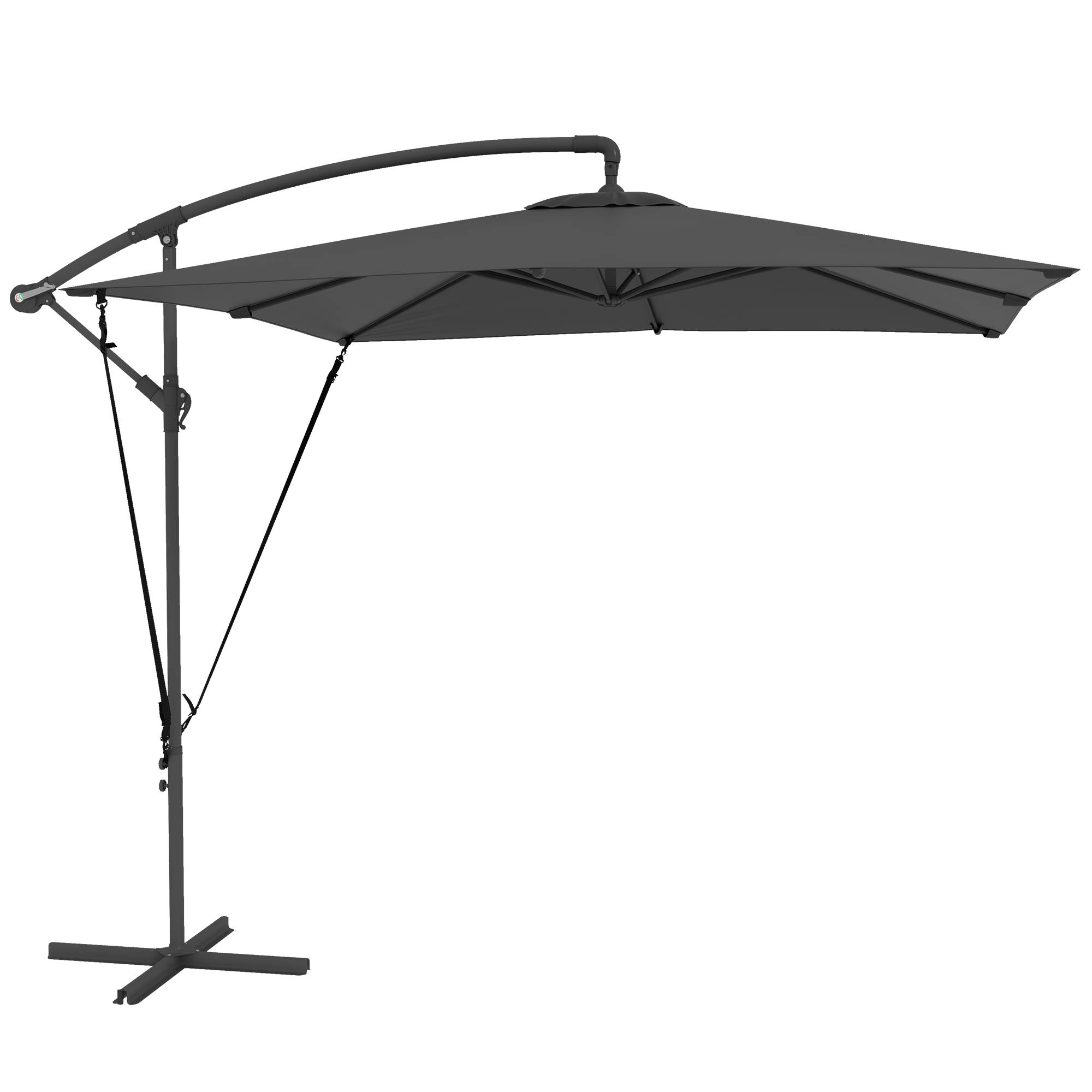 Parasol déporté parasol de jardin extérieur Toile ajustable 8 baleines base en croix manivelle, 2,5 x 2,5 m, gris foncé
