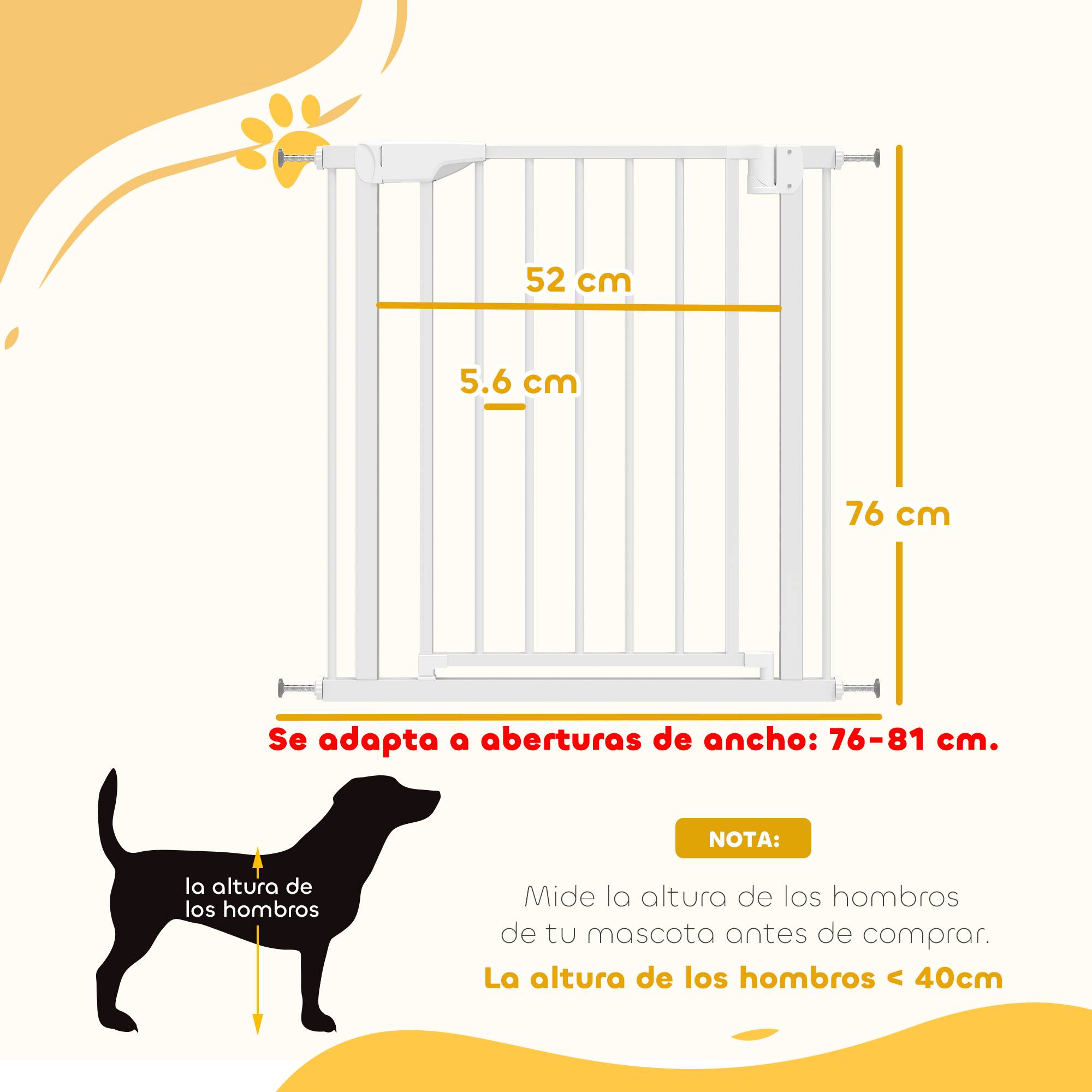 Barrière de sécurité pour enfants et chiens, largeur 76-81 cm, double verrouillage et fermeture automatique, ouverture bidirectionnelle, blanche - Image 5