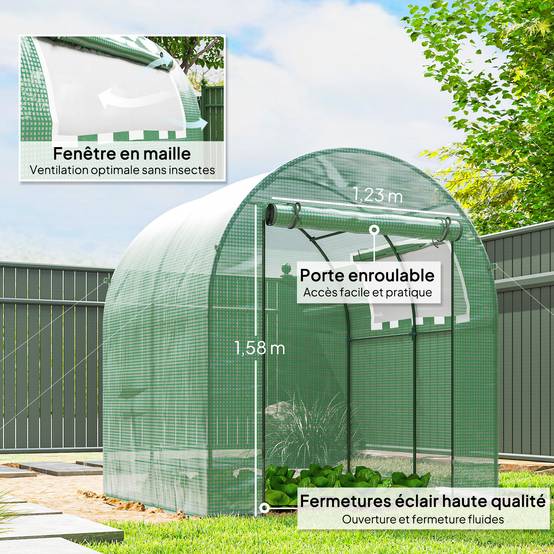 Serre tunnel de jardin 3,24m², serre de jardin tunnel porte et fenêtre enroulables, bâche PE, 180 x 180 x 200 cm, verte - Image 8