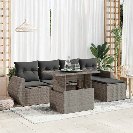 Mobilier de jardin 6 places résine tressée avec pouf de rangement et table relevable Gris – ComfortXL Outdoor Living - Image 1