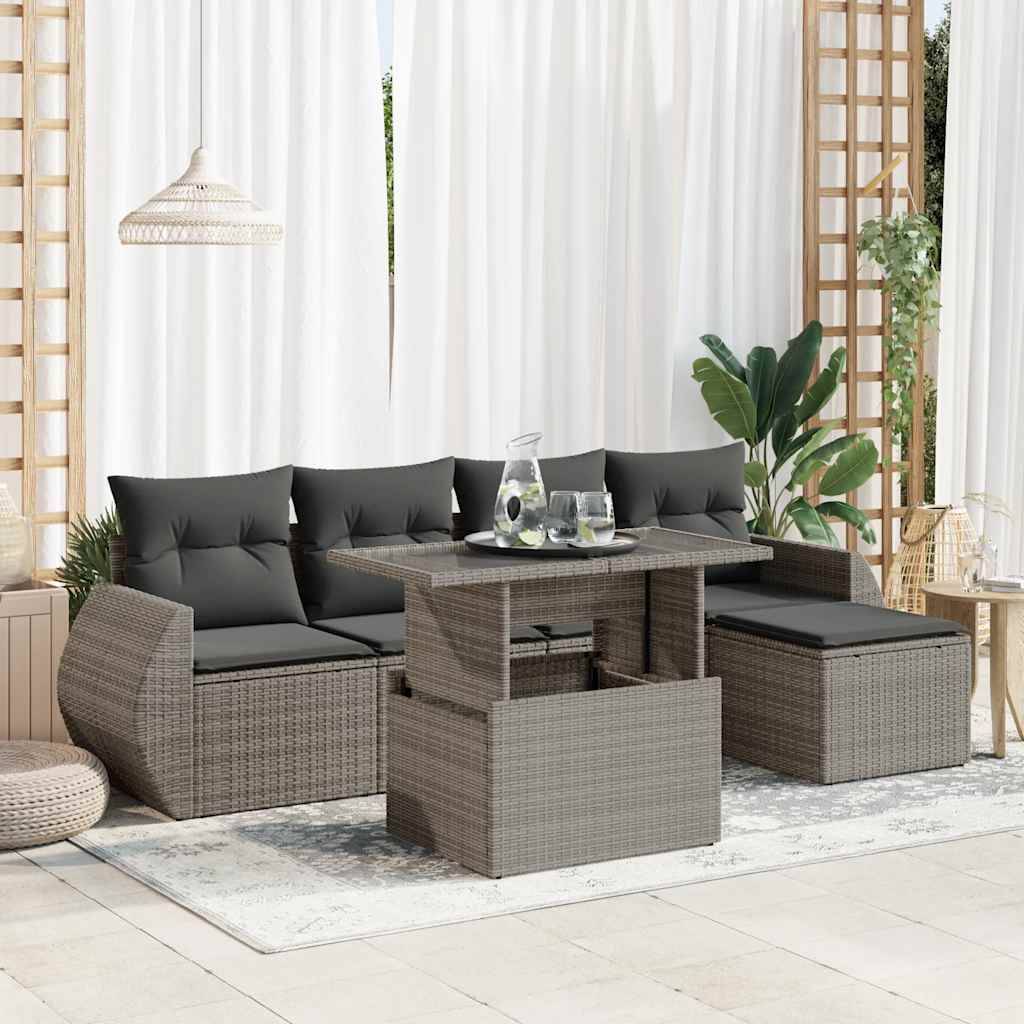 Mobilier de jardin 6 places résine tressée avec pouf de rangement et table relevable Gris – ComfortXL Outdoor Living - Image 1