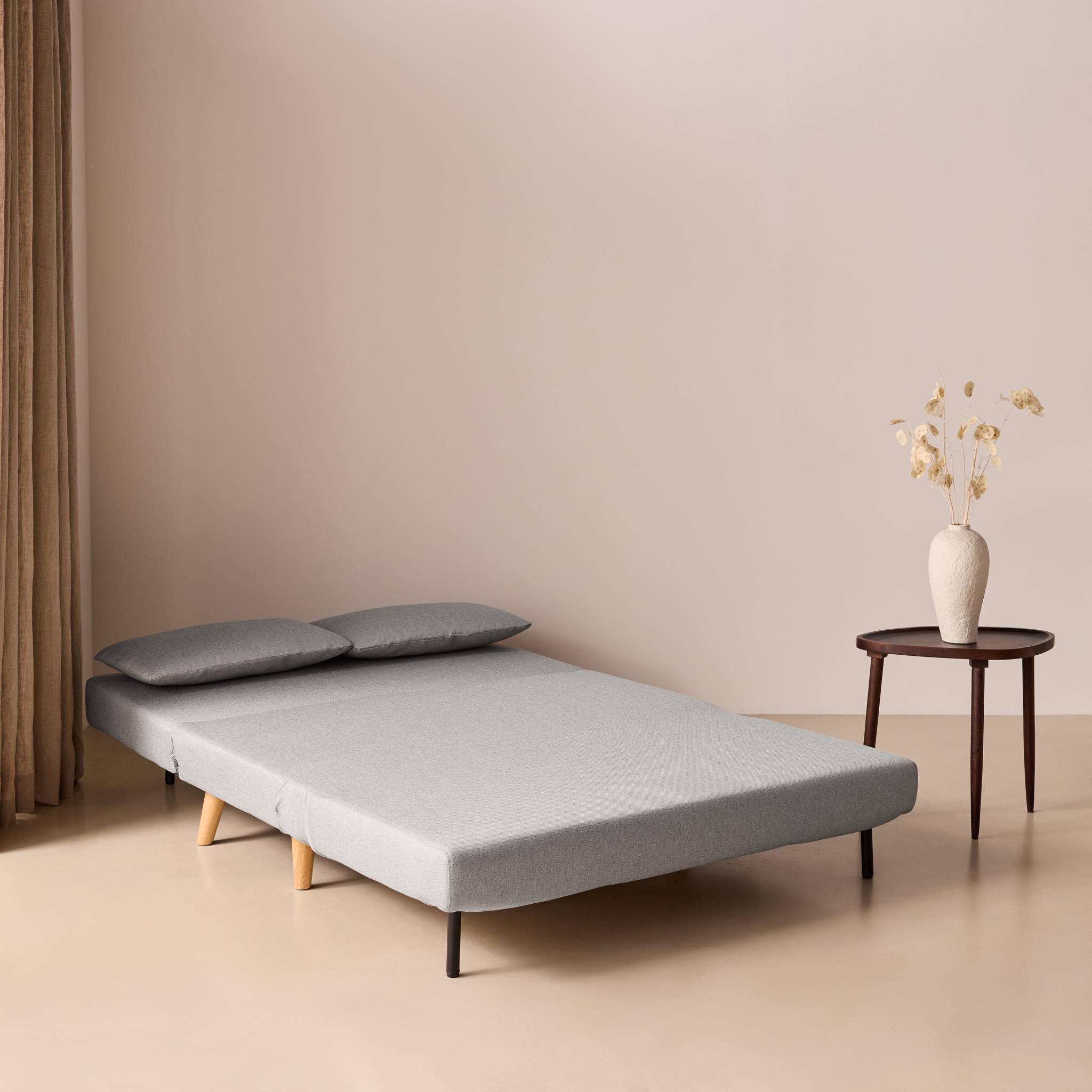 sweeek - Canapé convertible en tissu - Guesta - 2 places scandinave. pieds bois foncé. gris clair. banquette. dossier inclinable | sweeek - Image 7