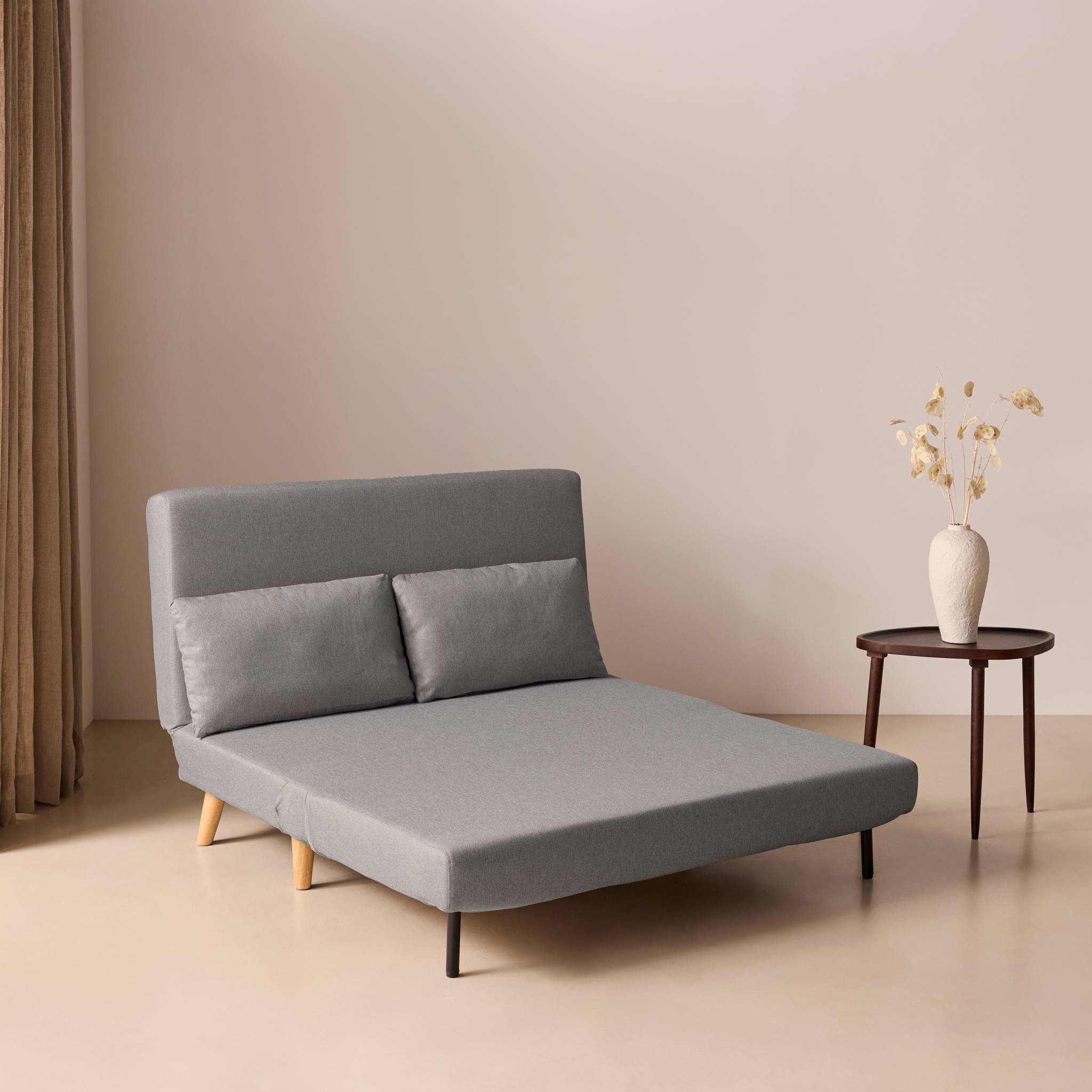 sweeek - Canapé convertible en tissu - Guesta - 2 places scandinave. pieds bois foncé. gris clair. banquette. dossier inclinable | sweeek - Image 6