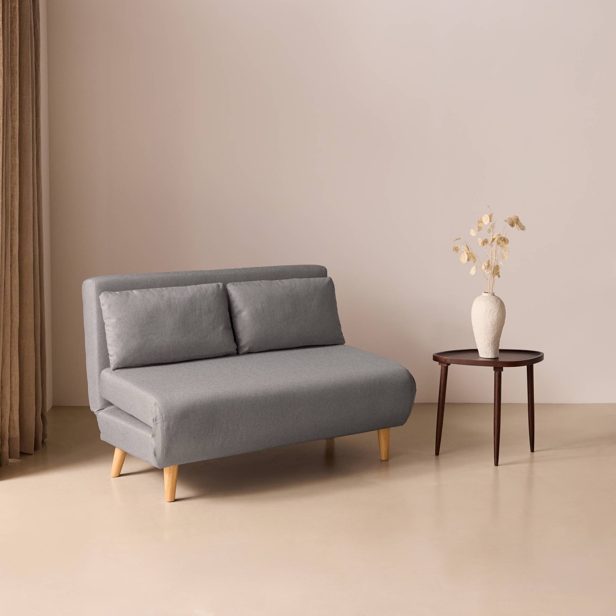 sweeek - Canapé convertible en tissu - Guesta - 2 places scandinave. pieds bois foncé. gris clair. banquette. dossier inclinable | sweeek - Image 3