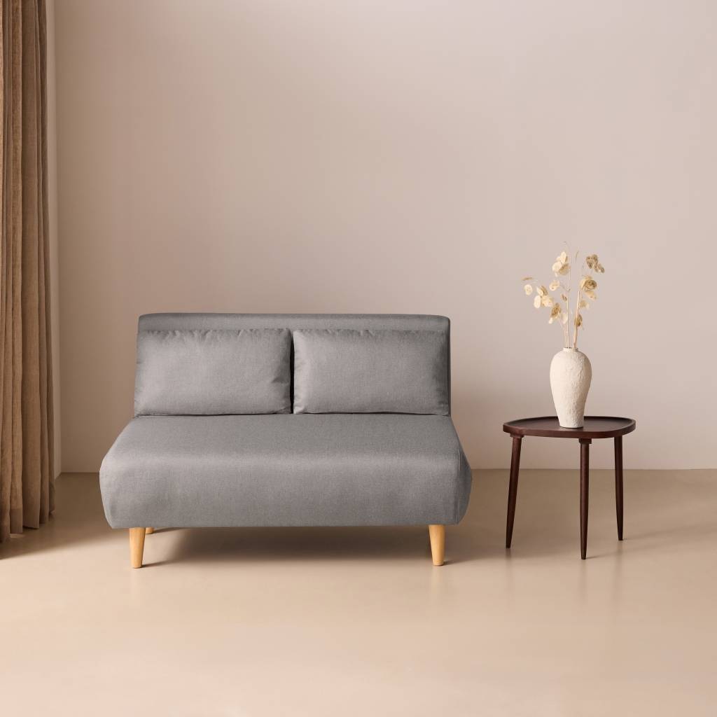 sweeek - Canapé convertible en tissu - Guesta - 2 places scandinave. pieds bois foncé. gris clair. banquette. dossier inclinable | sweeek - Image 1