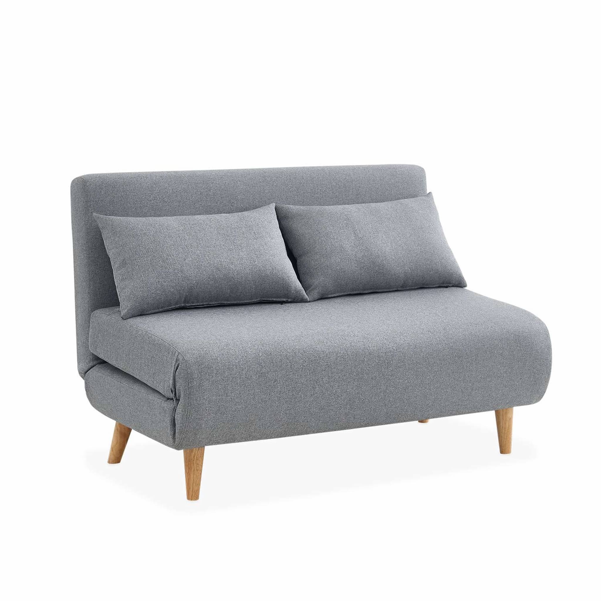 sweeek - Canapé convertible en tissu - Guesta - 2 places scandinave. pieds bois foncé. gris clair. banquette. dossier inclinable | sweeek - Image 2