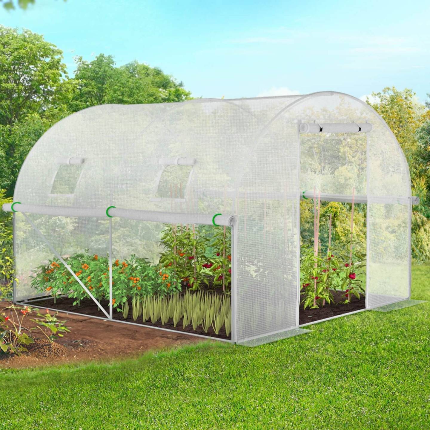 IDMARKET - Serre de jardin tunnel 6m² 3 x 2 x 2 m acier galvanisé + bâche anti-UV avec porte et fenêtres ROMA blanche toutes saisons - Image 1