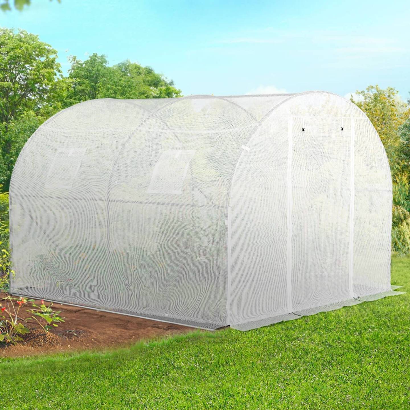 IDMARKET - Serre de jardin tunnel 6m² 3 x 2 x 2 m acier galvanisé + bâche anti-UV avec porte et fenêtres ROMA blanche toutes saisons - Image 3
