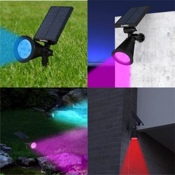 Lumisky - Pack de 2 Spots solaires extérieur étanches - LUMISKY - 4 LEDs colorées RGB - 200 Lumens - Tete pivotante a 90°C - Image 3