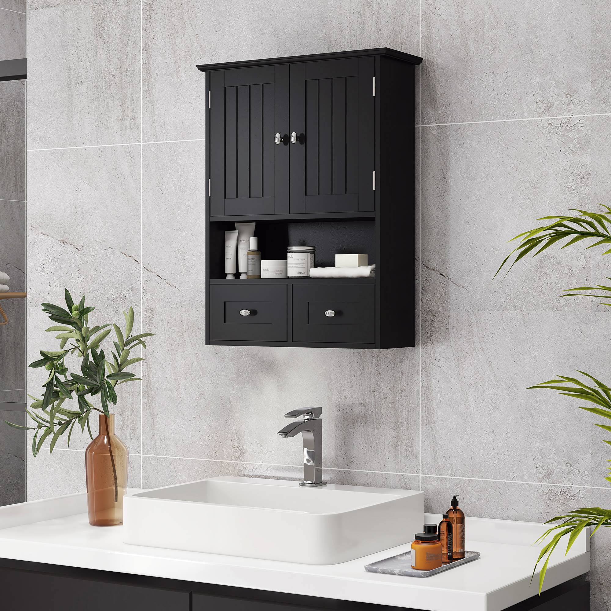 Sans Marque - Meuble salle bain mural unité rangement suspendue 2 portes 2 tiroirs 50,8x17,8x66 cm noir - Image 3