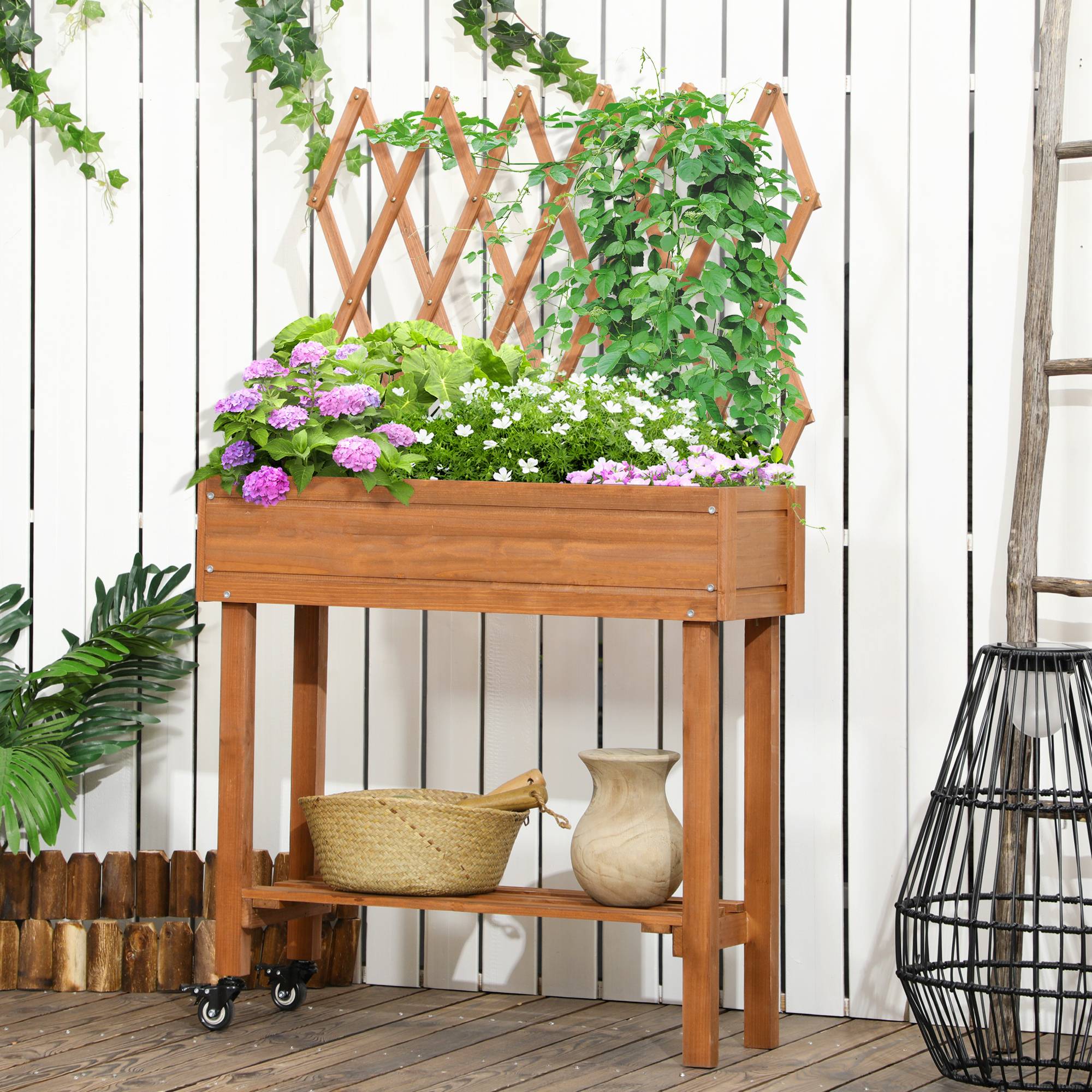 Jardinière surélevée, treillis intégré, étagère, roues, bois massif, marron, 79x29x130 cm - Image 4