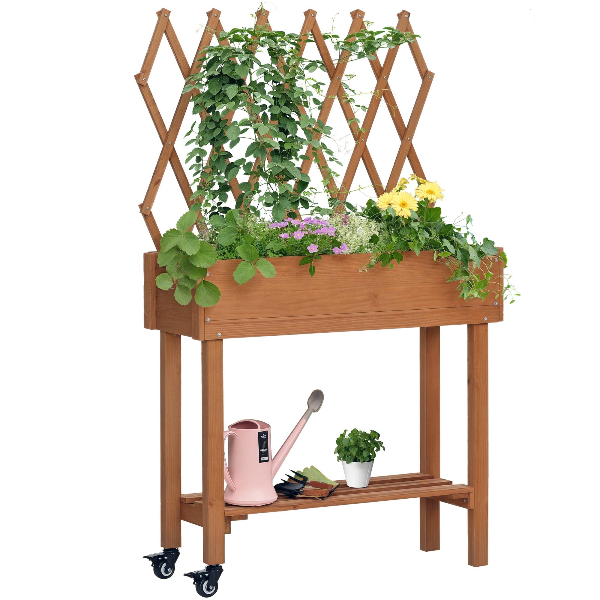 Jardinière surélevée, treillis intégré, étagère, roues, bois massif, marron, 79x29x130 cm - Image 1