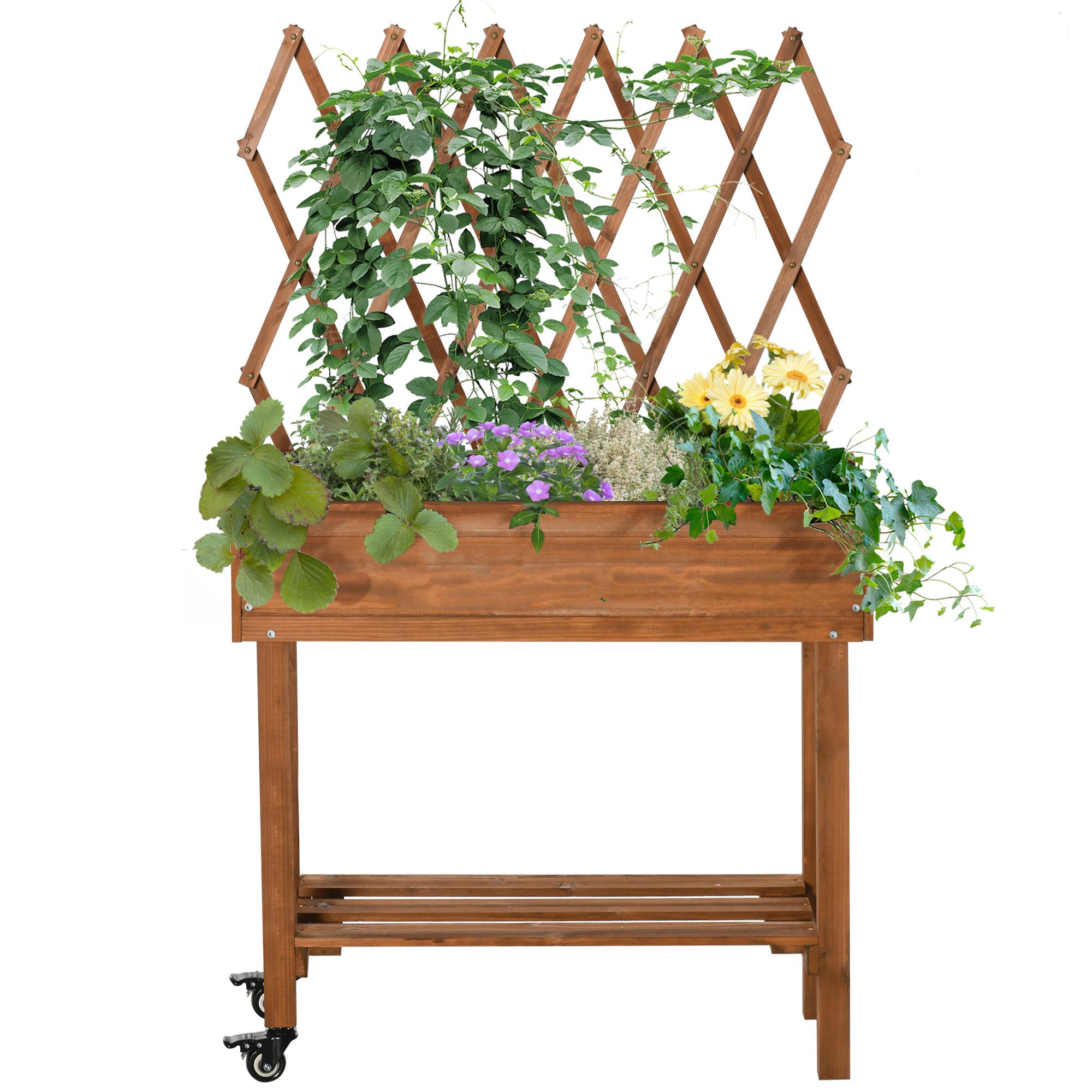 Jardinière surélevée, treillis intégré, étagère, roues, bois massif, marron, 79x29x130 cm - Image 2