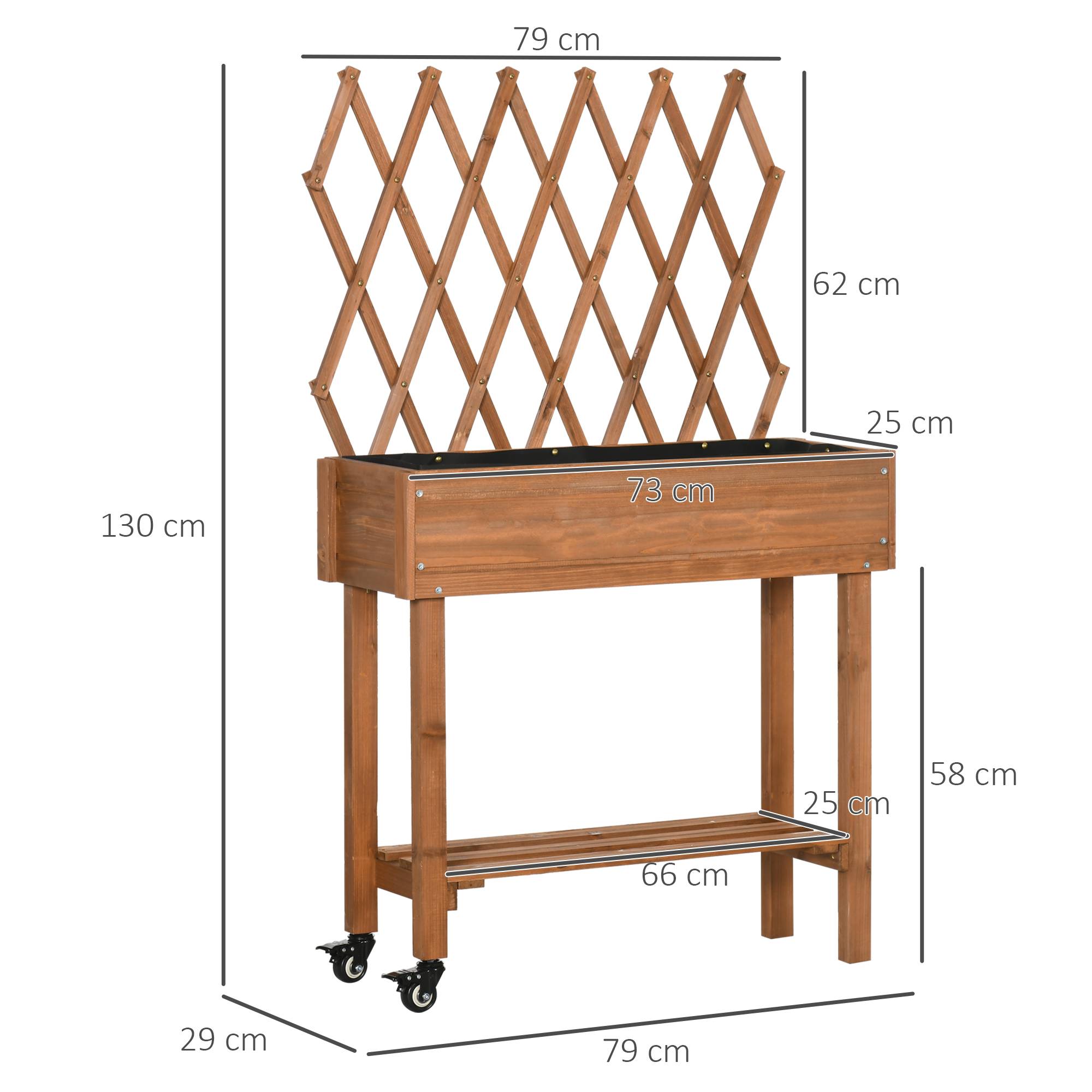 Jardinière surélevée, treillis intégré, étagère, roues, bois massif, marron, 79x29x130 cm - Image 5