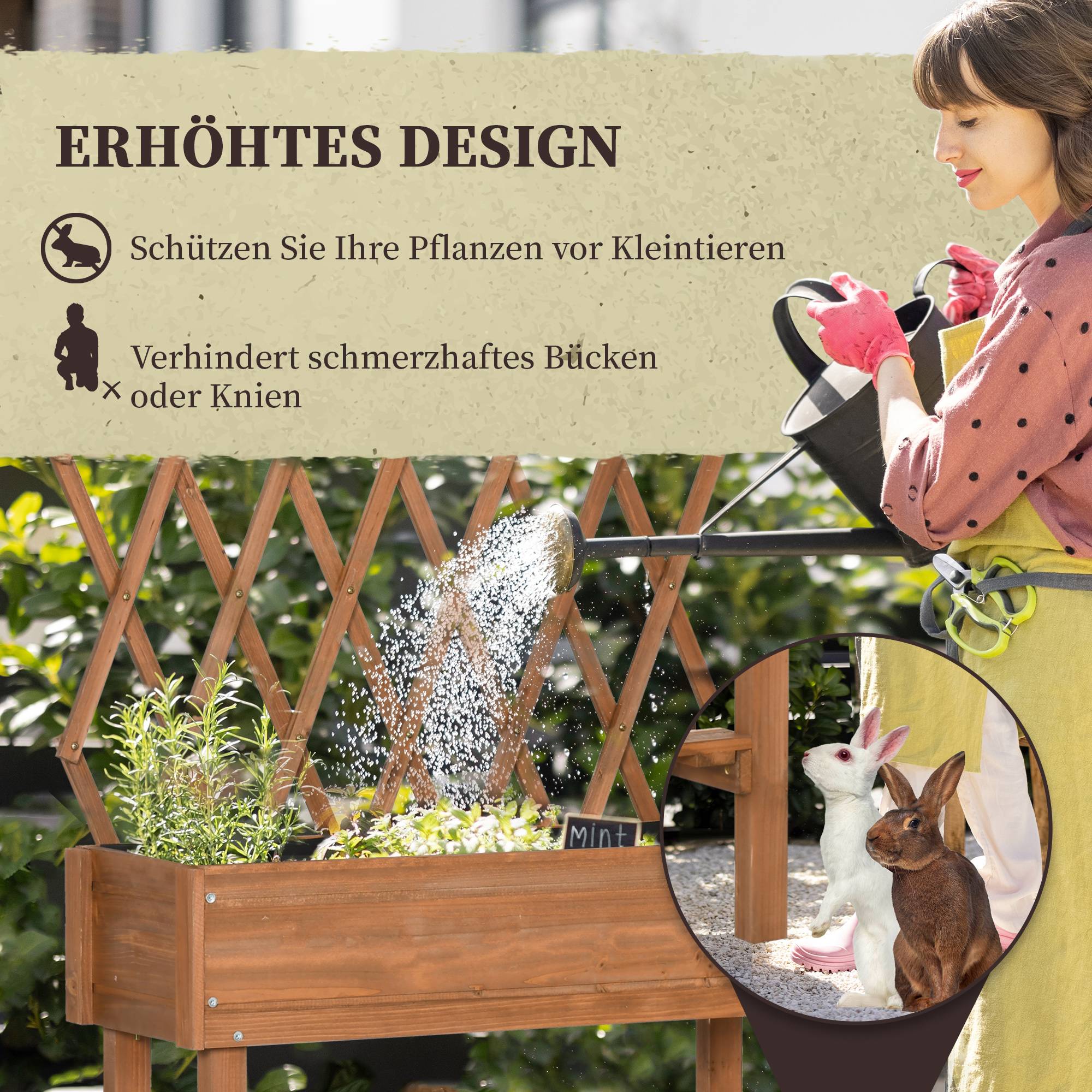 Jardinière surélevée, treillis intégré, étagère, roues, bois massif, marron, 79x29x130 cm - Image 7