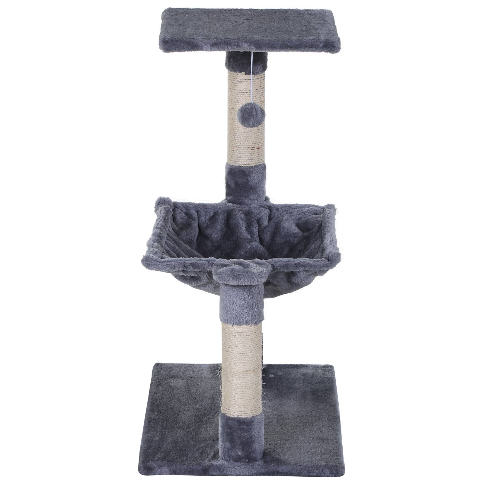 Arbre à chat PawHut 70 cm, tour avec balle en peluche, poteau sisal, grande plateforme, hamac, gris - Image 9