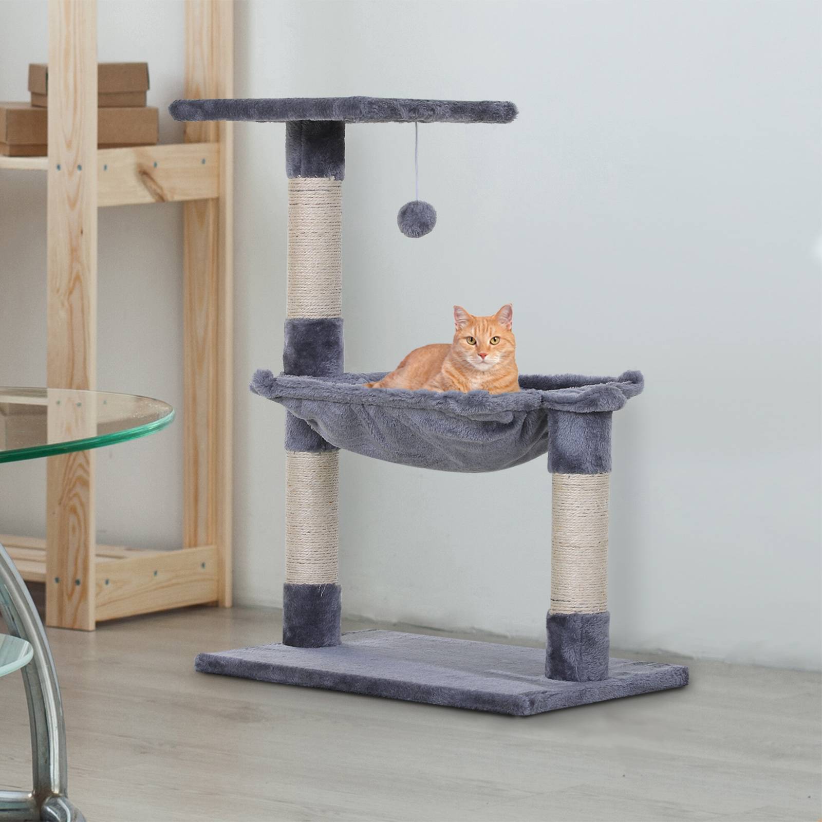 Arbre à chat PawHut 70 cm, tour avec balle en peluche, poteau sisal, grande plateforme, hamac, gris - Image 3