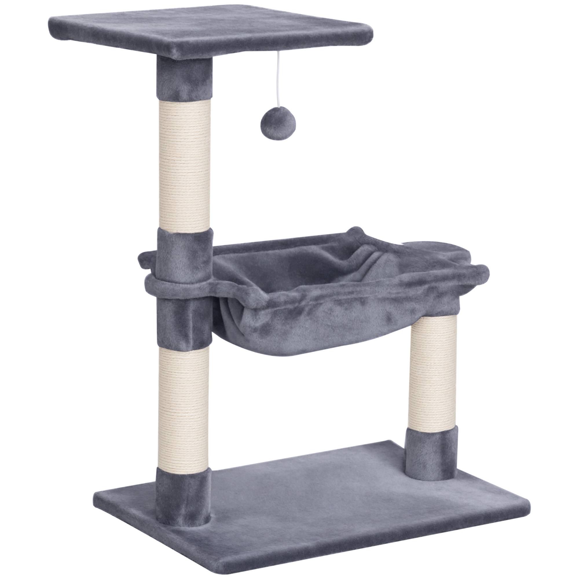 Arbre à chat PawHut 70 cm, tour avec balle en peluche, poteau sisal, grande plateforme, hamac, gris - Image 1